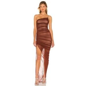 Nookie One Shoulder Ruched Mesh Bodycon Mecca Gown Chocolate Brown Size Large